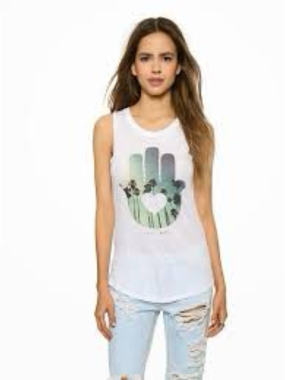 Spiritual Gangster white Racerback Tank palm trees hamsa medium